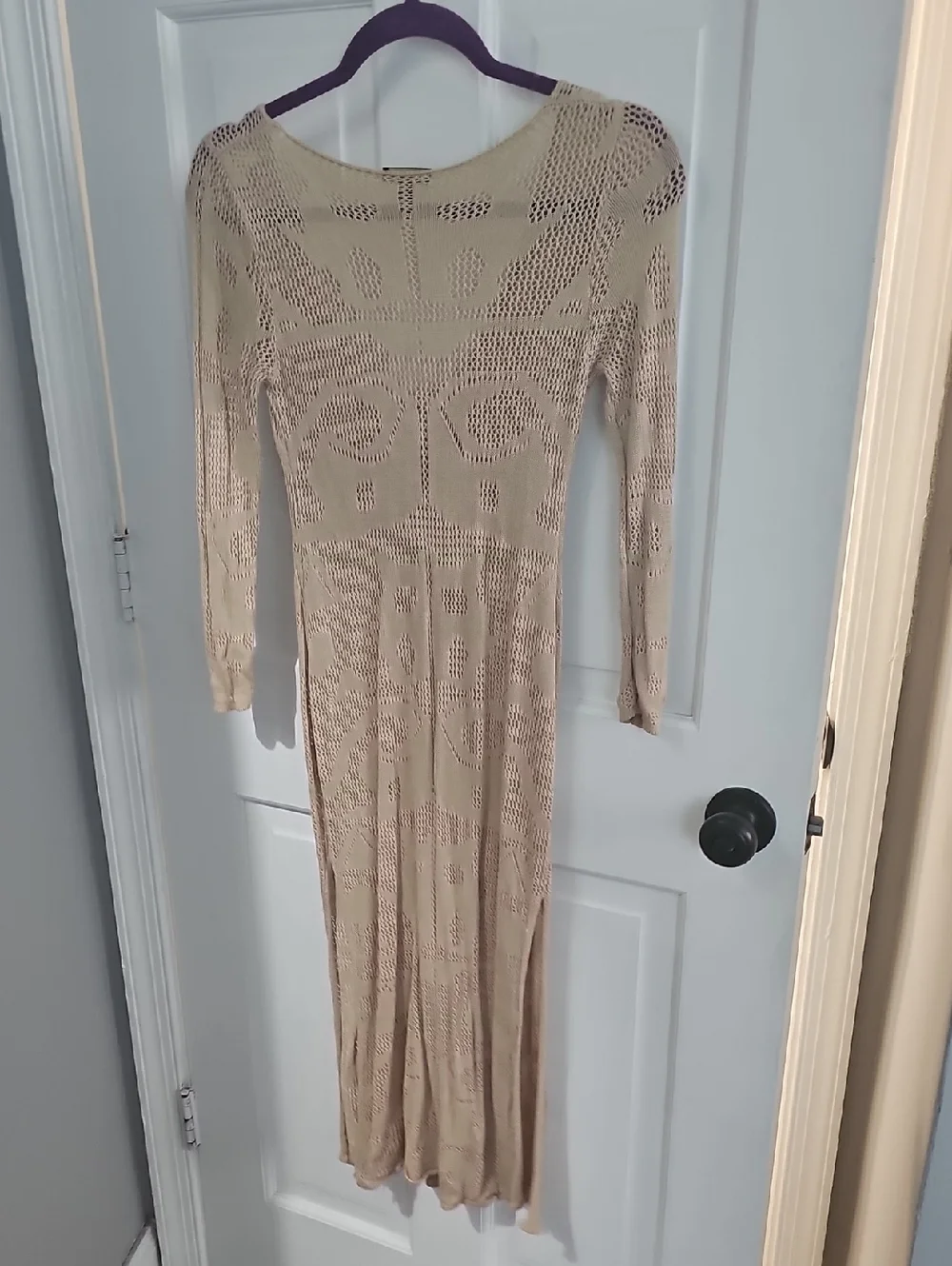 Dolcessa Beige Crochet Lace-Up Swim Cover-Up Dress